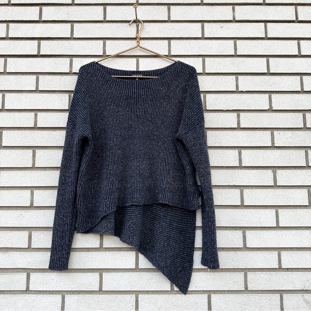 Knyt & Lynk 100% Cashmere Navy Asymmetrical Sweater M Ribbed Boat Neck Soft